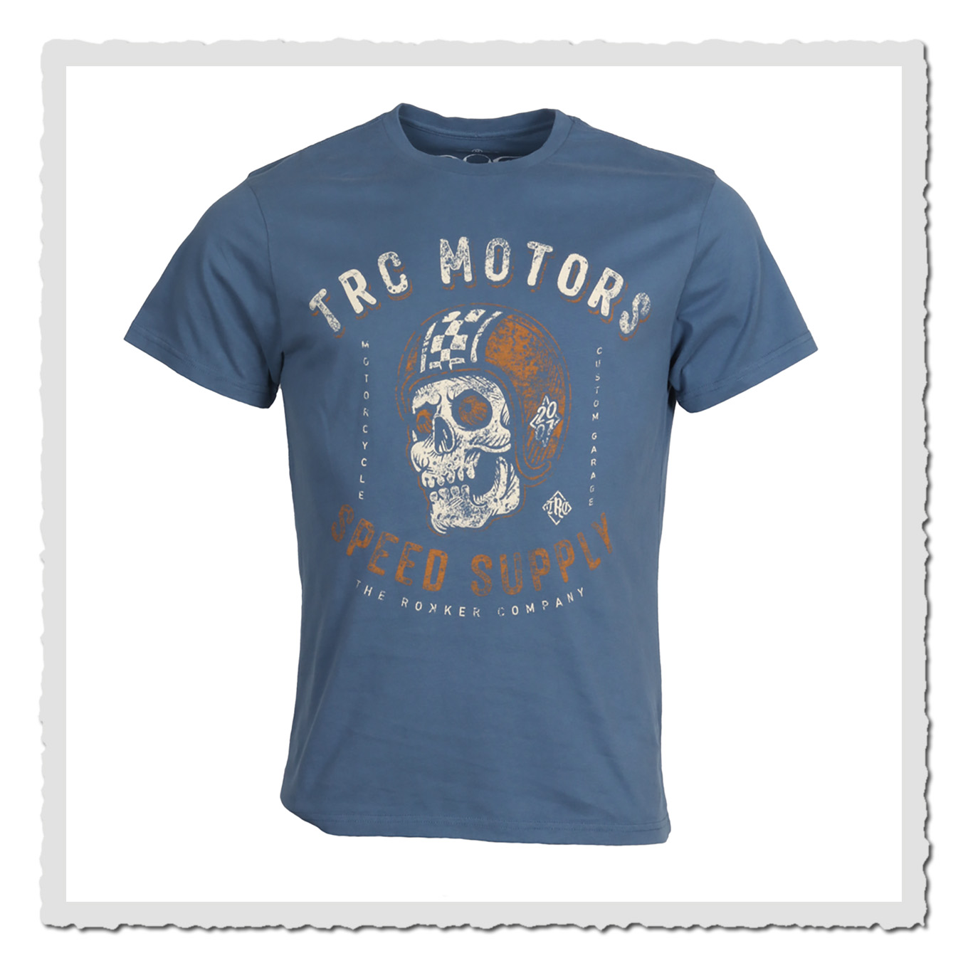 Blaues T-Shirt mit Frontprint, frontal freigestellt vor weißem Hintergrund, kurzärmlig und Rundhals.